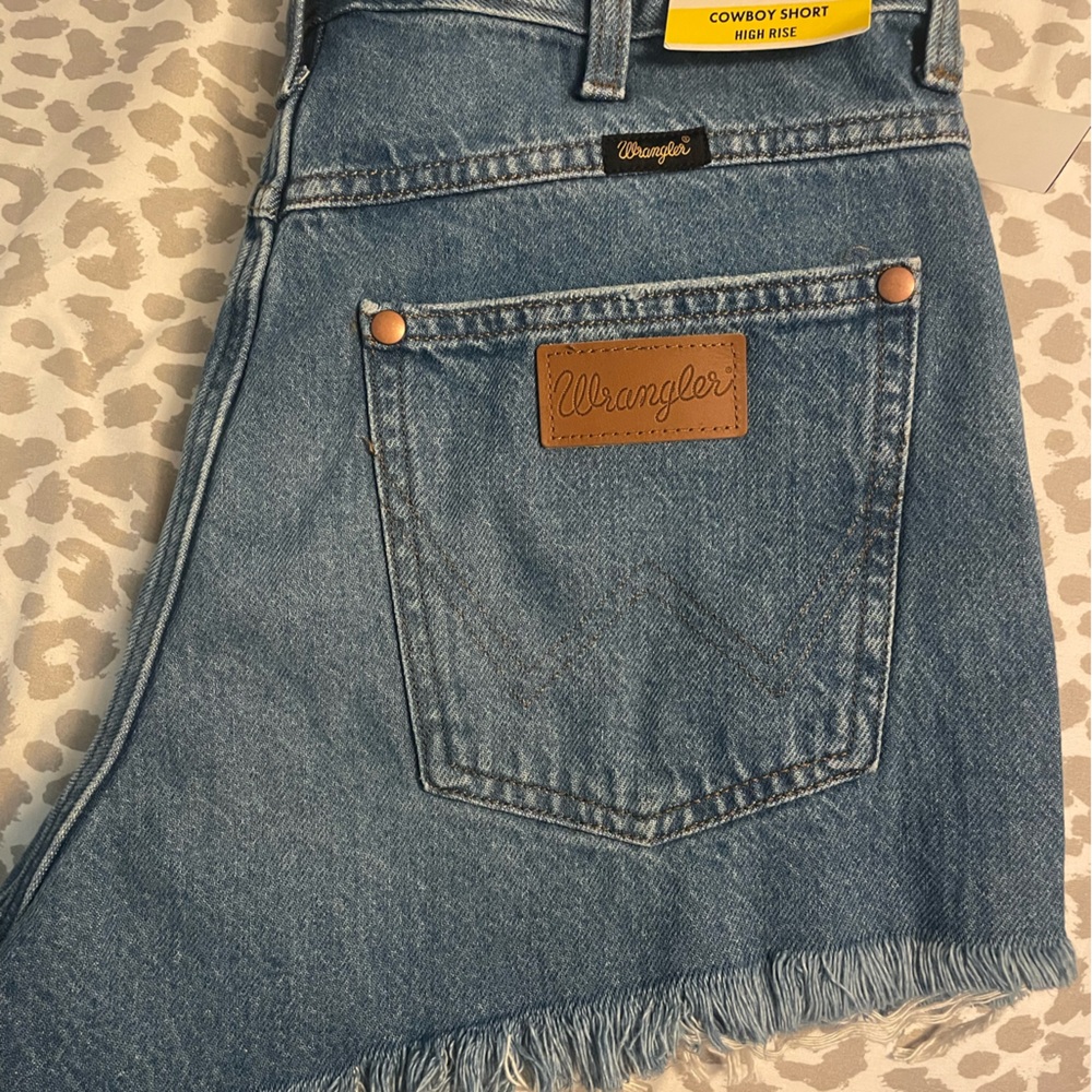 Wrangler Denim Shorts in Light Blue with Orange Accent. Brand new with tags.